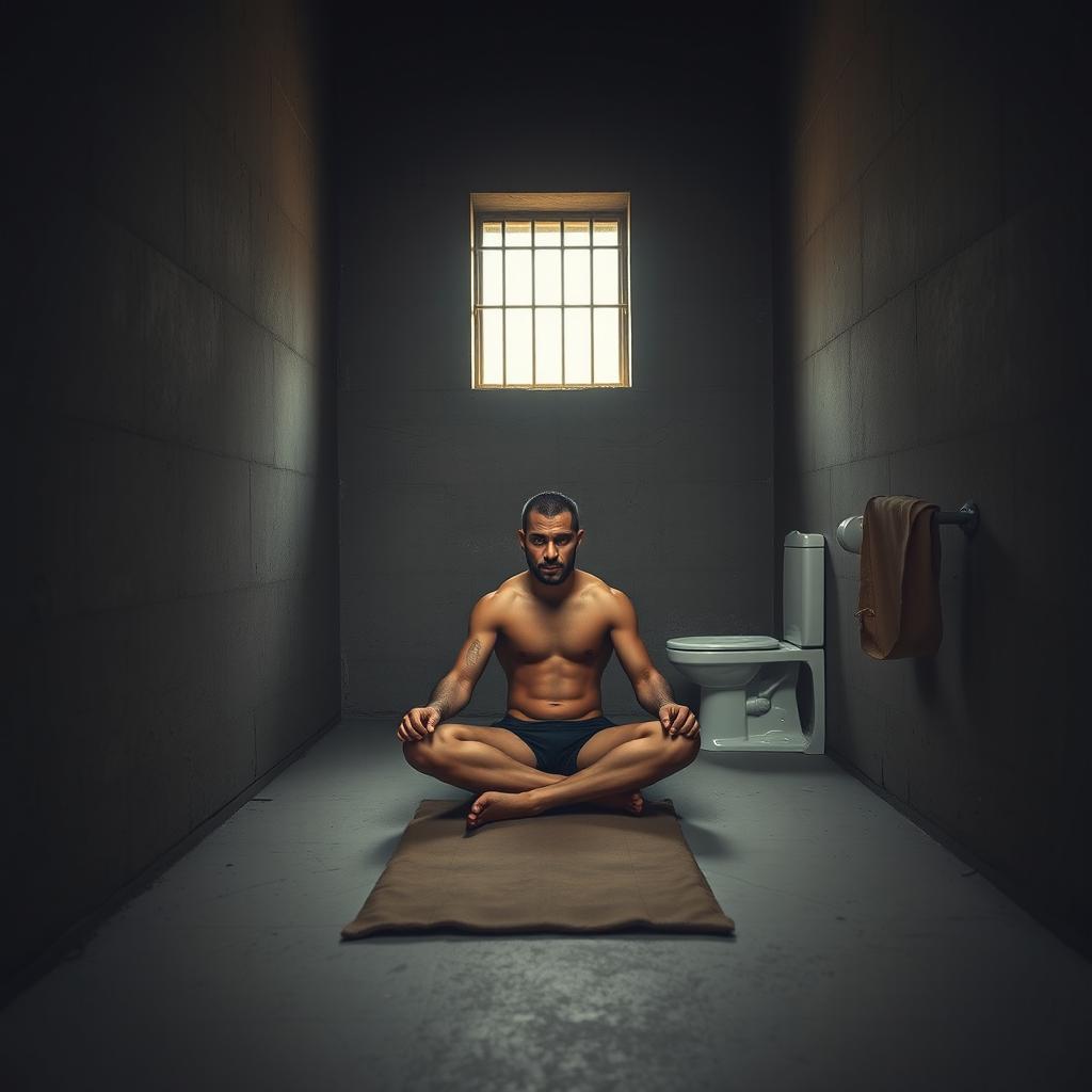 A solitary figure in a stark, high-security prison cell, stripped of clothing