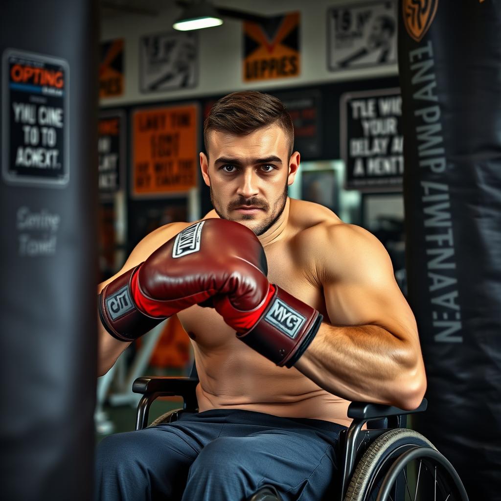 A determined man in a wheelchair engaged in boxing training, showcasing strength and perseverance