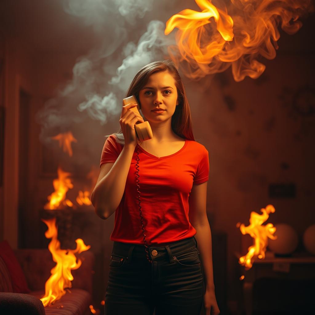 A young woman standing confidently in a room engulfed in flames, talking on a vintage home telephone
