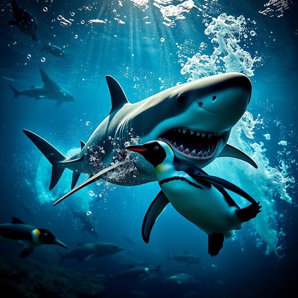 A dramatic underwater scene depicting a shark mid-action as it captures a penguin