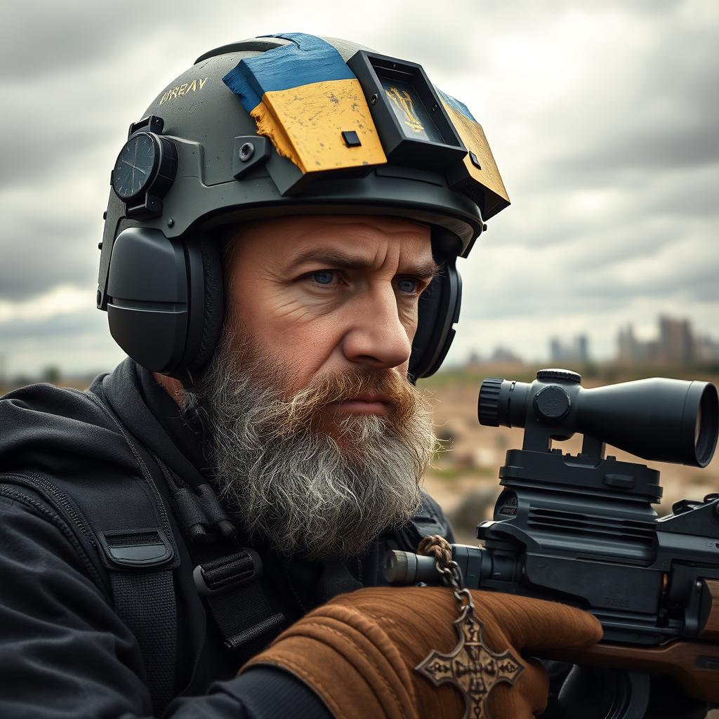 A 45-year-old male priest acting as a sniper, wearing a high-tech ops core helmet adorned with the Ukrainian flag
