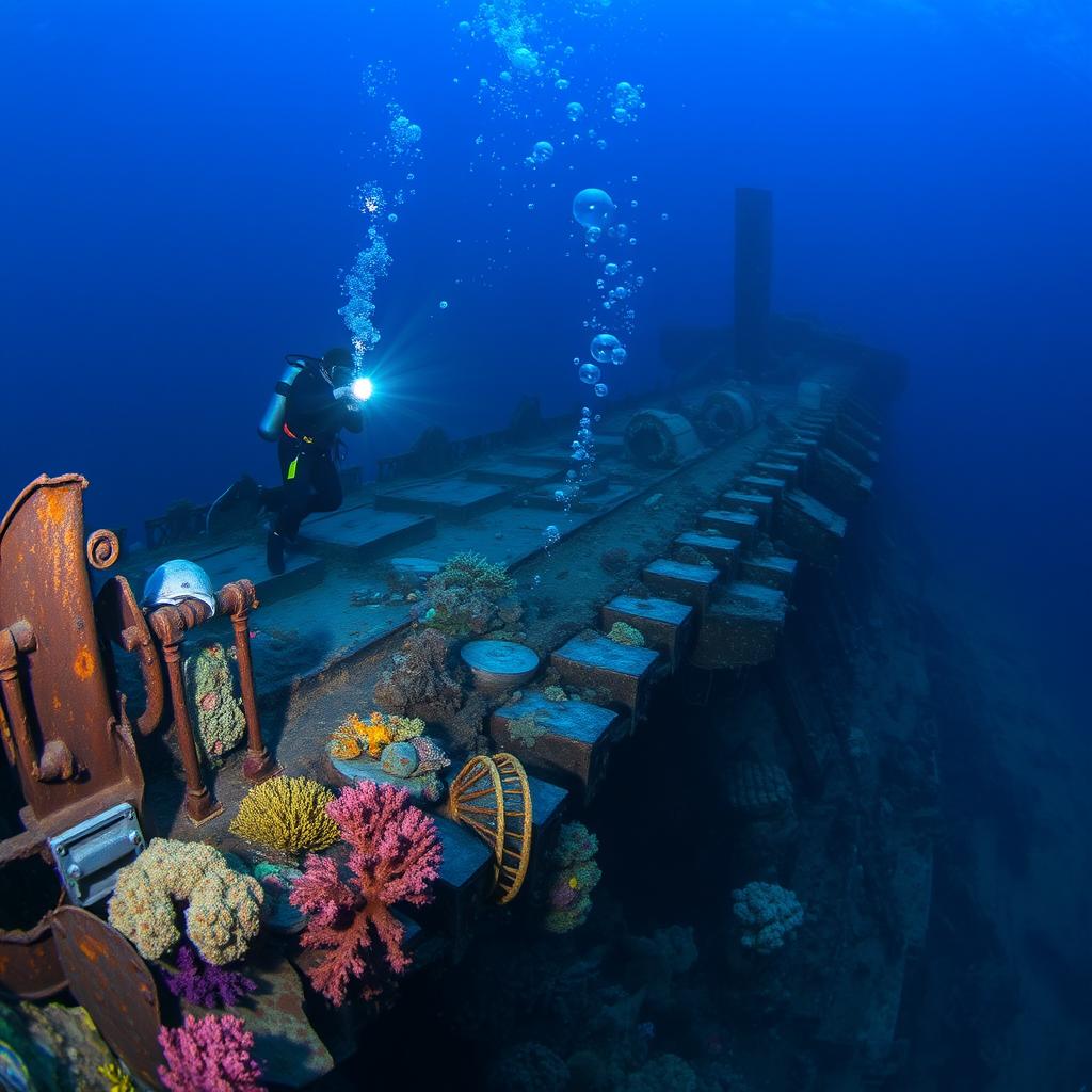 A captivating underwater scene of a diver exploring the wreckage of the Titanic