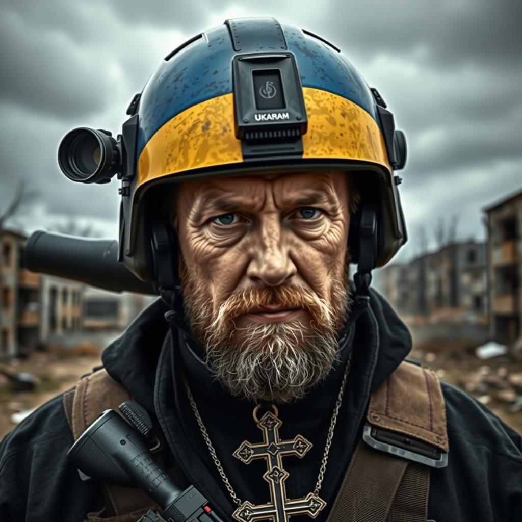 A 45-year-old male priest depicted as a sniper, wearing a high-tech ops core helmet featuring the Ukrainian flag