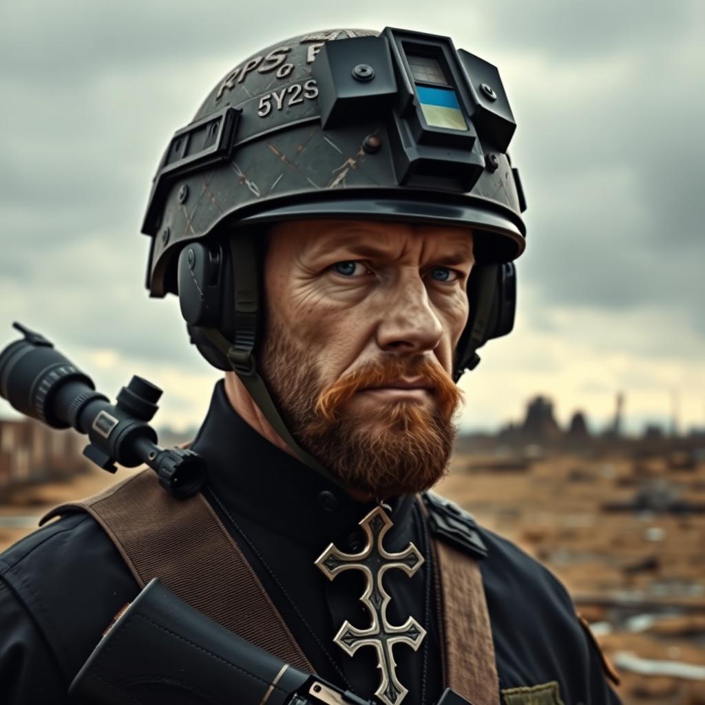 A 40-year-old male priest depicted as a sniper, wearing a detailed ops core helmet featuring the Ukrainian flag