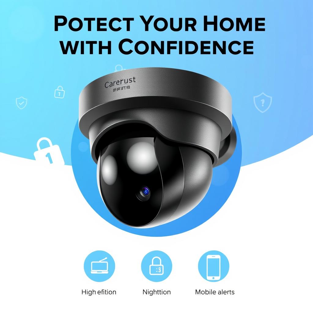 An eye-catching advertisement design for a security camera, featuring a sleek, modern security camera prominently displayed in the center