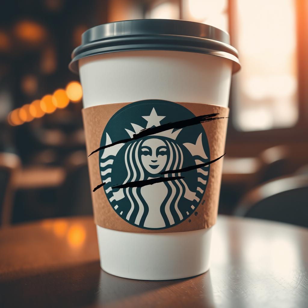 A close-up of a stylish coffee cup with a vibrant logo