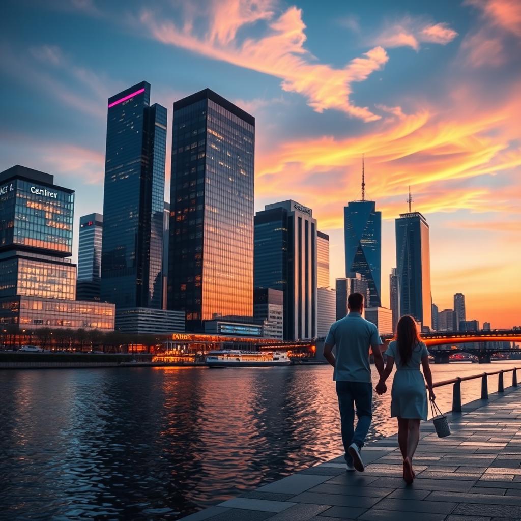A vibrant and energetic modern city skyline at dusk with colorful lights reflecting on glass buildings, a calm river in the foreground, soft wispy clouds in the sky, and a couple walking hand in hand along the riverbank, enjoying the view
