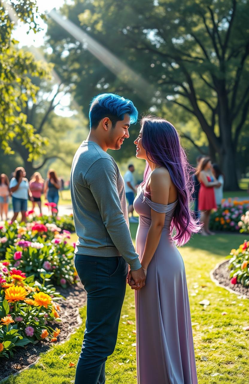 A beautiful scene depicting a loving LGBTQ couple in a vibrant park