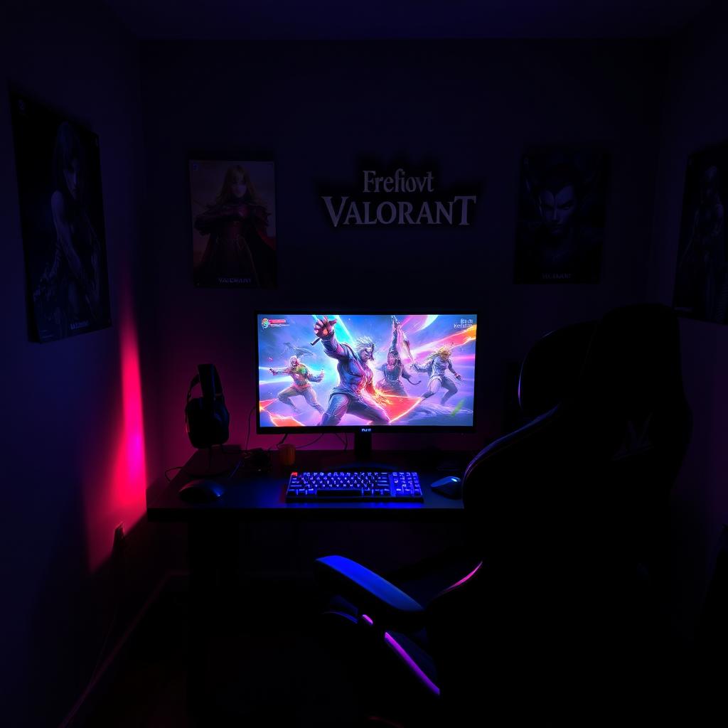A dark room with dim lighting, featuring a gaming setup with a high-resolution monitor displaying the popular game Valorant in action
