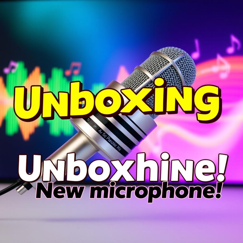 A vibrant and engaging thumbnail for a YouTube video showcasing the unboxing of a new microphone