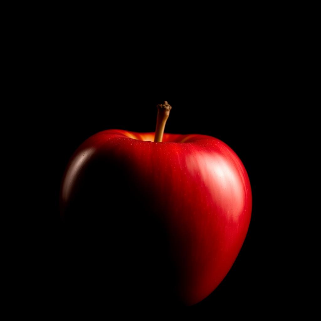 A vibrant red apple with a glossy surface, placed prominently in the center of a completely black background