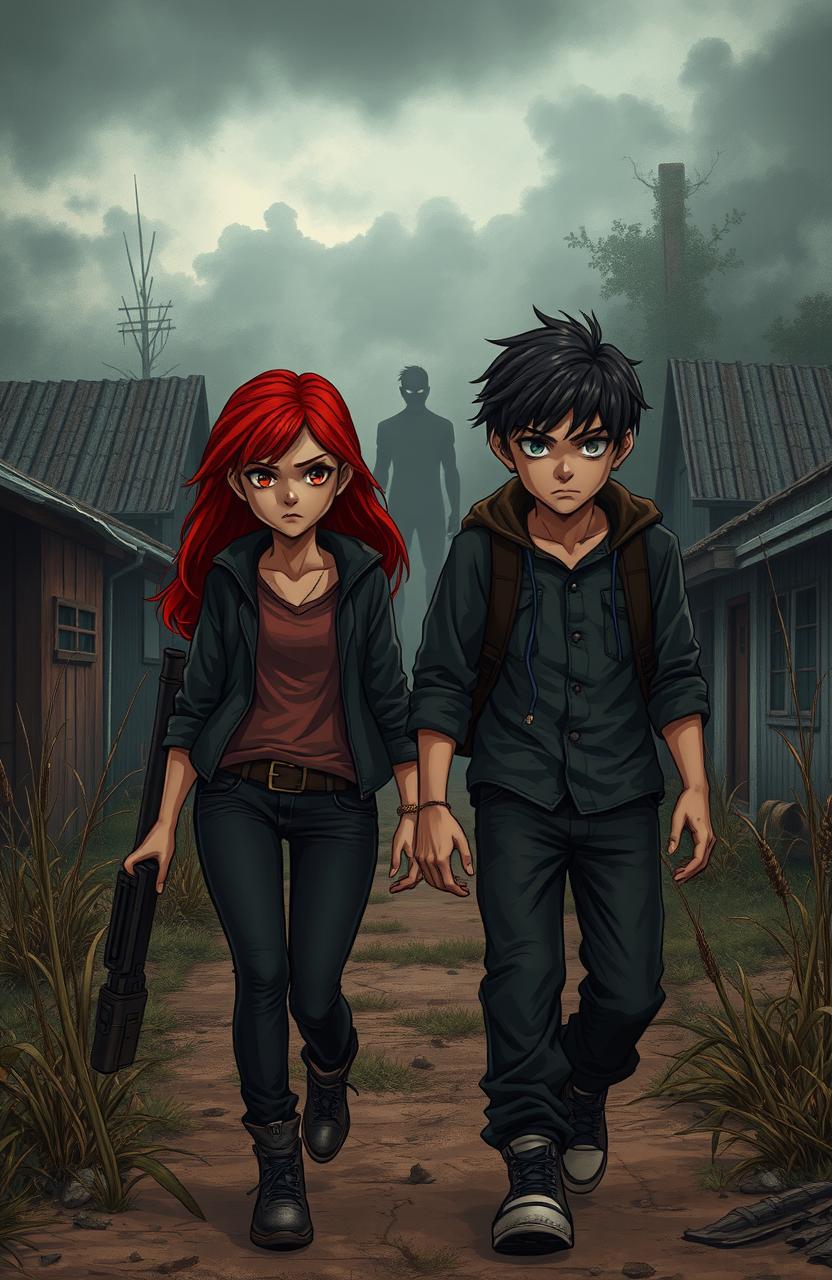 A dramatic scene depicting a boy and girl returning to their hometown after years away, their faces filled with determination and a hint of revenge