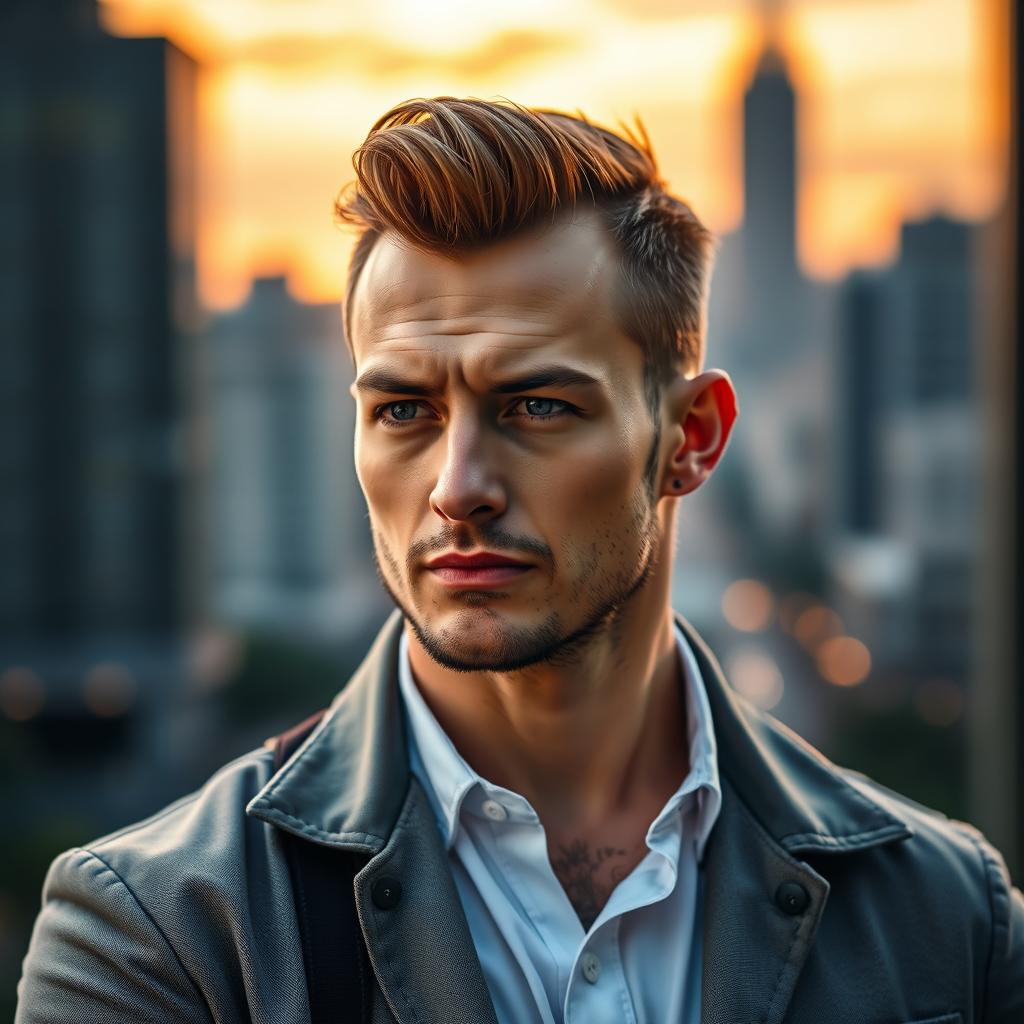 A striking portrait of a confident man with a receding hairline, dressed in a stylish outfit, standing against a blurred urban cityscape background