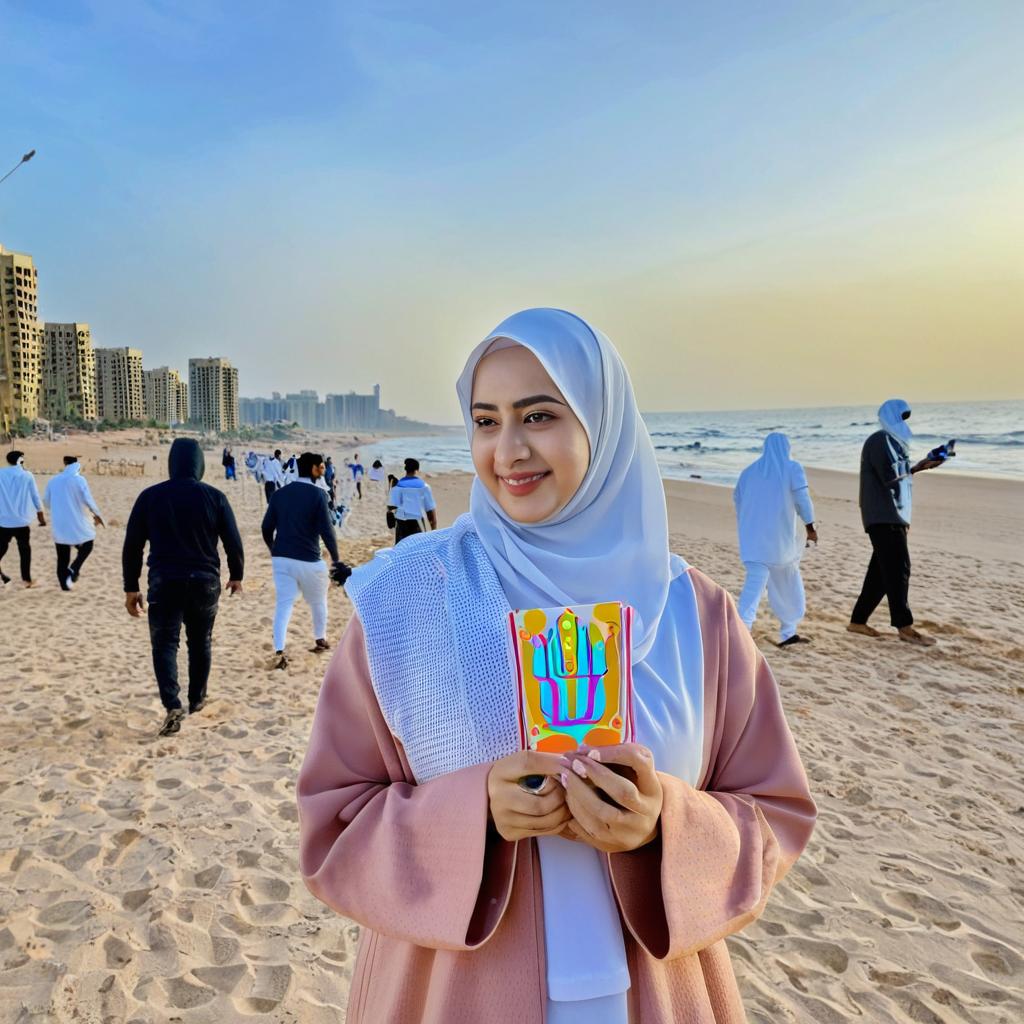 ازل الناس الموجودة خلفي و اجعل البحر اوسع و عدّل الوان الصورة و الجودة و وضع لي مكياج خفيف مع تعديل للوجه