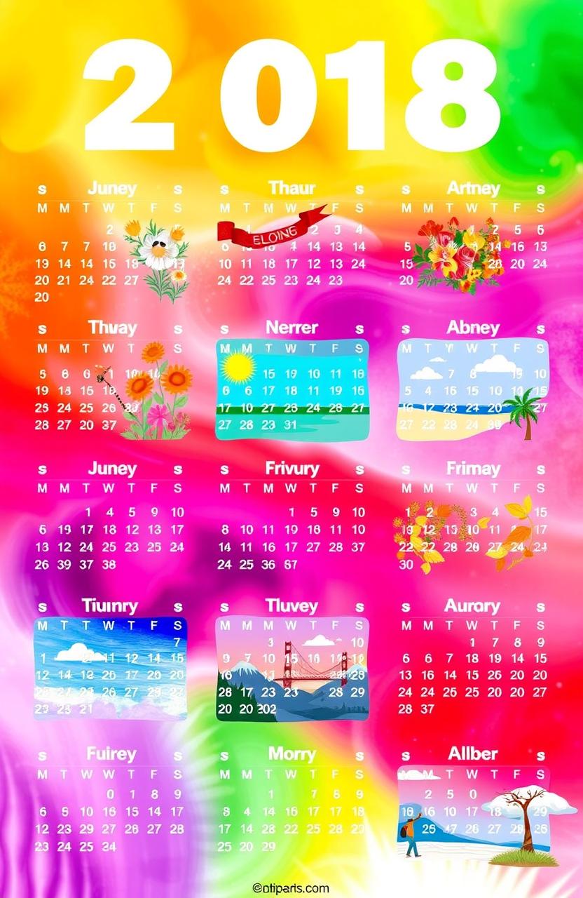 A vibrant, colorful calendar for the year, showcasing a mix of lively illustrations and artistic designs for each month