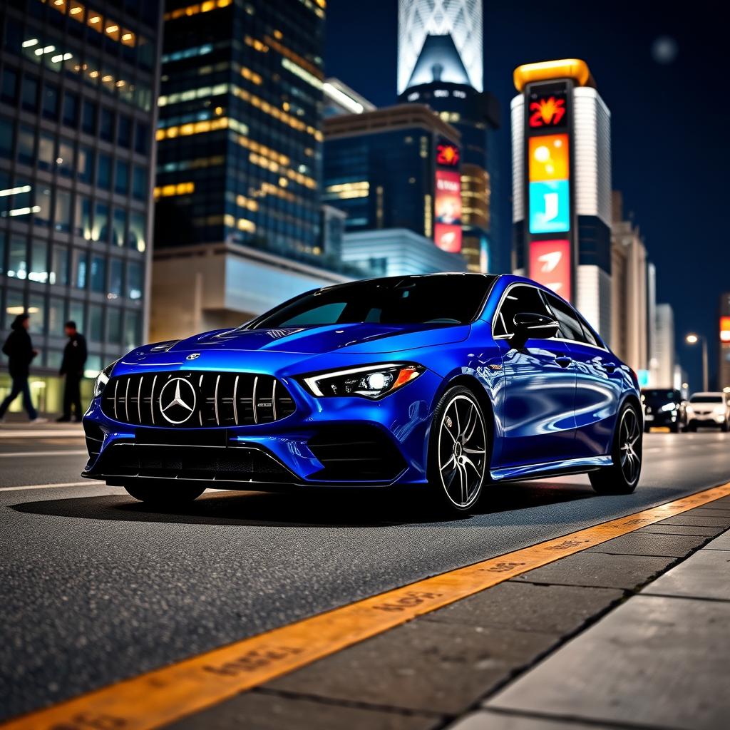 A stunning wallpaper featuring a Mercedes CLA Shooting Brake AMG Line Night Pack in a vibrant Hyperblue color