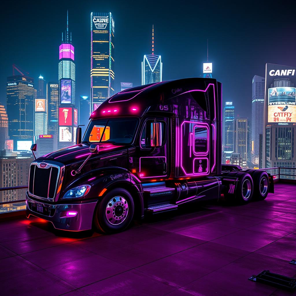 a cyberpunk Freightliner Cascadia, a futuristic truck featuring sharp corners and chrome elements, covered in vibrant neon lights