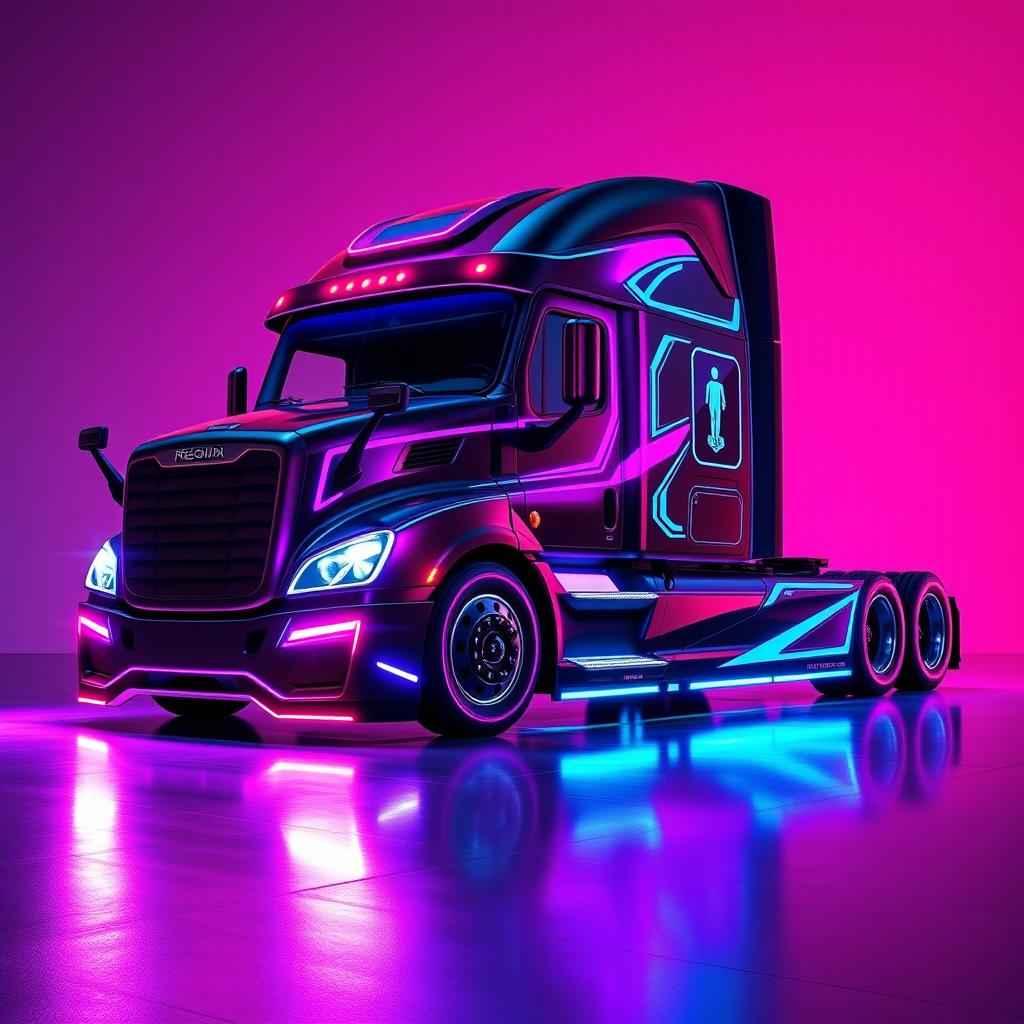 a futuristic cyberpunk-style Freightliner Cascadia, brilliantly combining technology and urban aesthetics