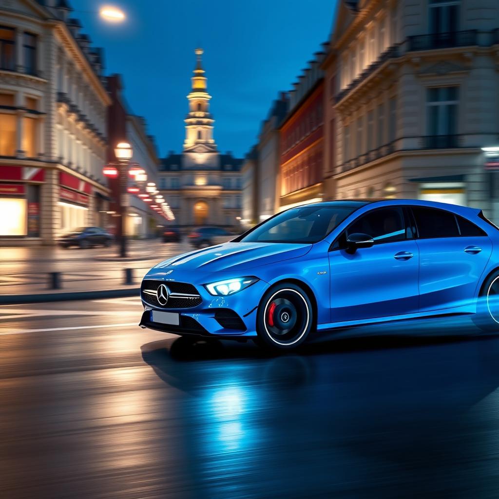 A stunning wallpaper of a Mercedes CLA Shooting Brake AMG Line Night Pack in a vibrant hyper blue "fjord" color, dynamically rolling through the nighttime streets of Brussels