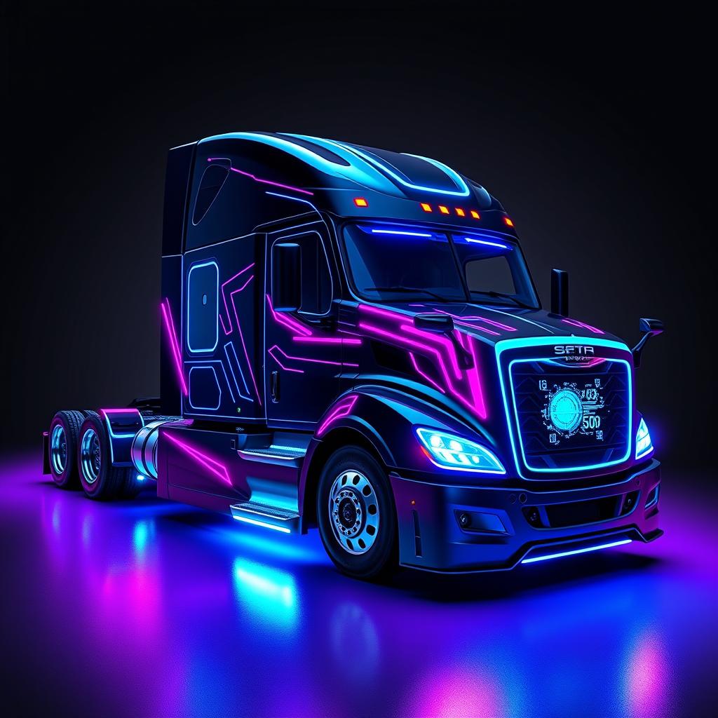 a futuristic cyberpunk-style Freightliner Cascadia, seamlessly blending technology and urban aesthetics