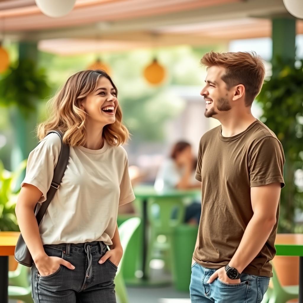 A humorous scenario depicting a female human laughing playfully at a male human in a light-hearted and friendly manner