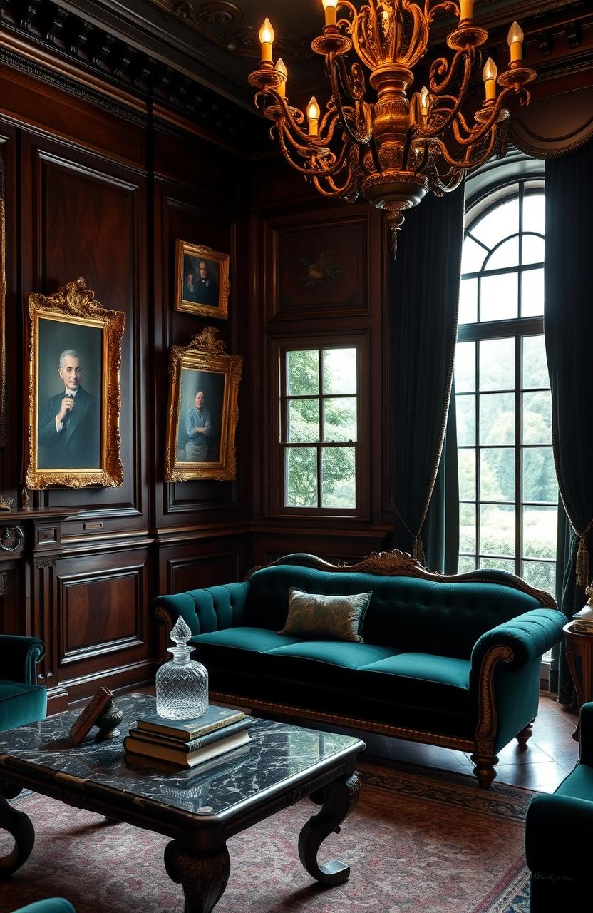 A luxurious room with a dark theme, featuring old money vibes