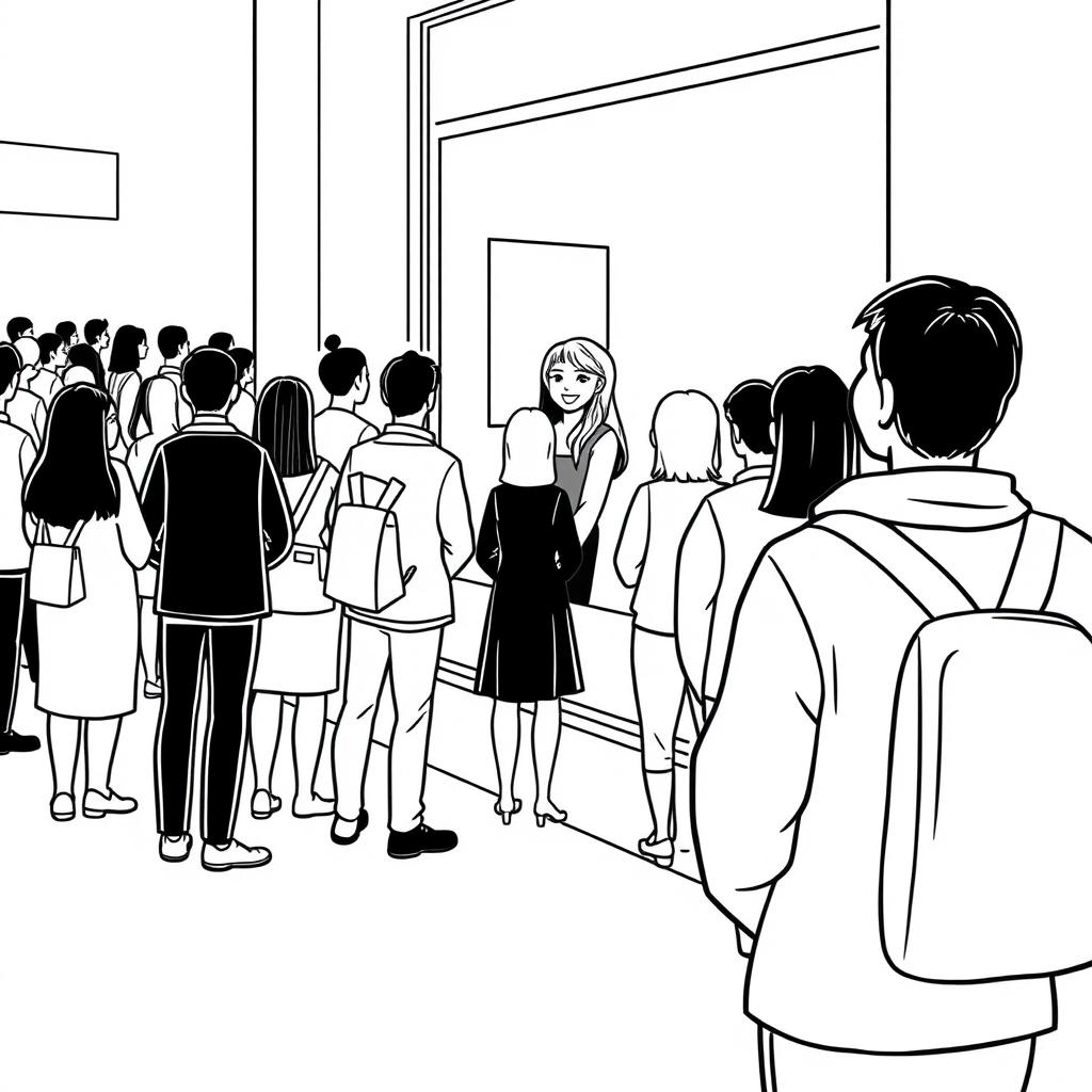 A long line of people waiting on the street to enter a store, where a young woman with a big, bright smile is standing in the display window