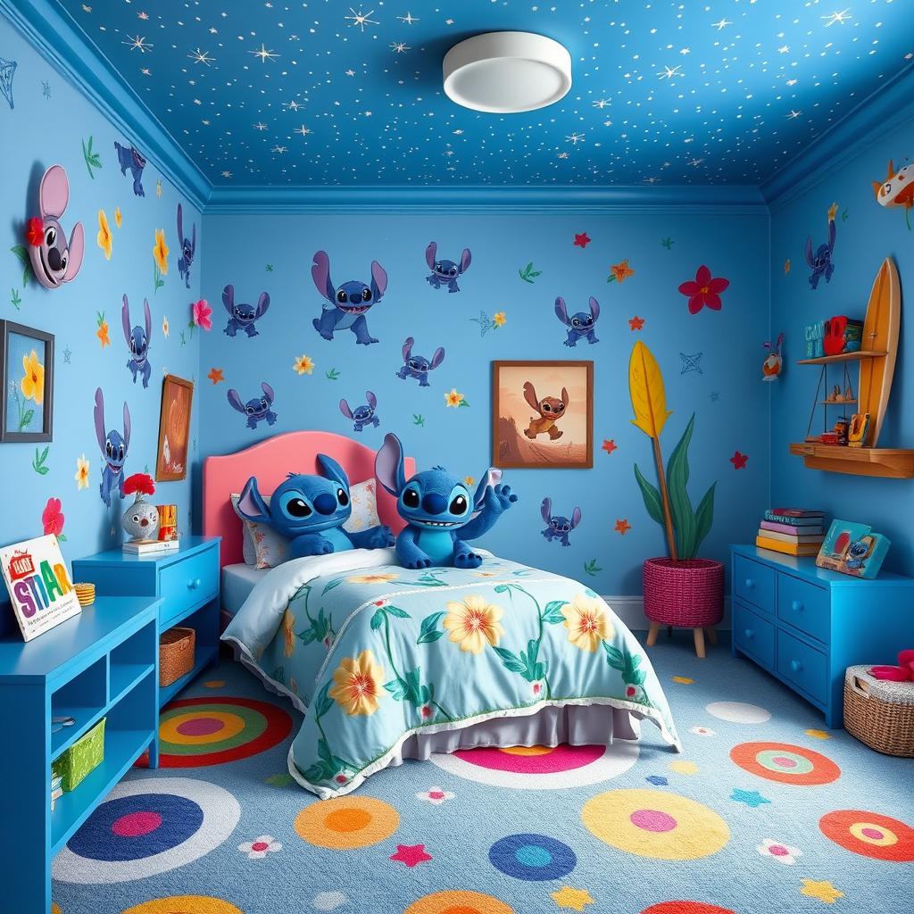 A personalized children's bedroom themed around the Disney character Stitch from Lilo & Stitch