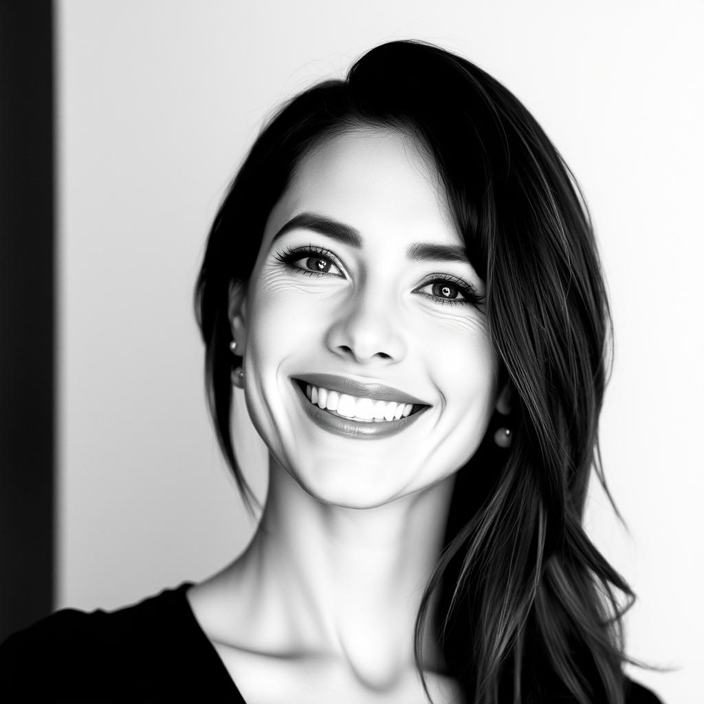 A beautiful woman with a radiant smile, characterized by simple lines and in black and white style