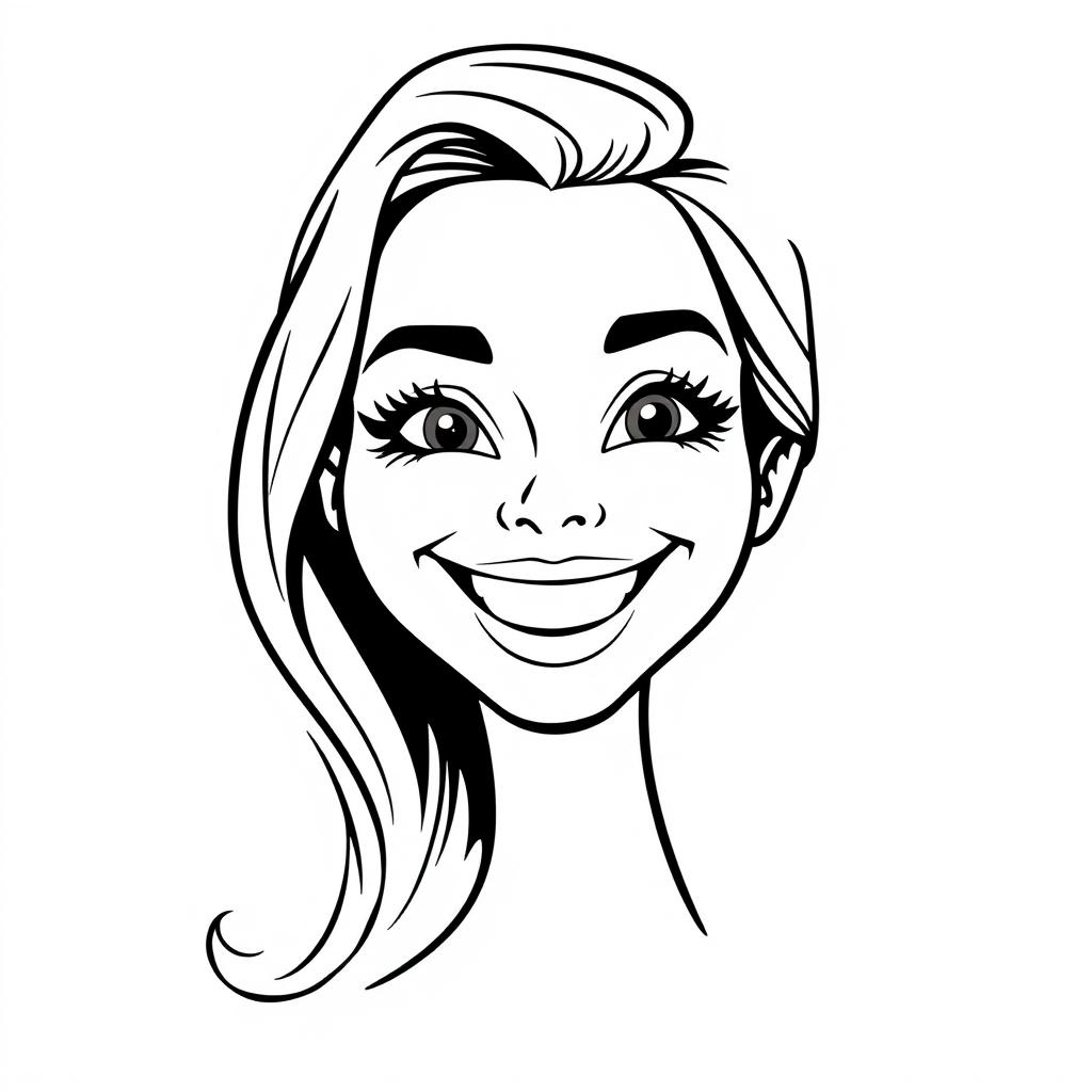 A beautiful woman with a radiant, large smile, illustrated in a simplistic style resembling a cartoon, using only black and white colors