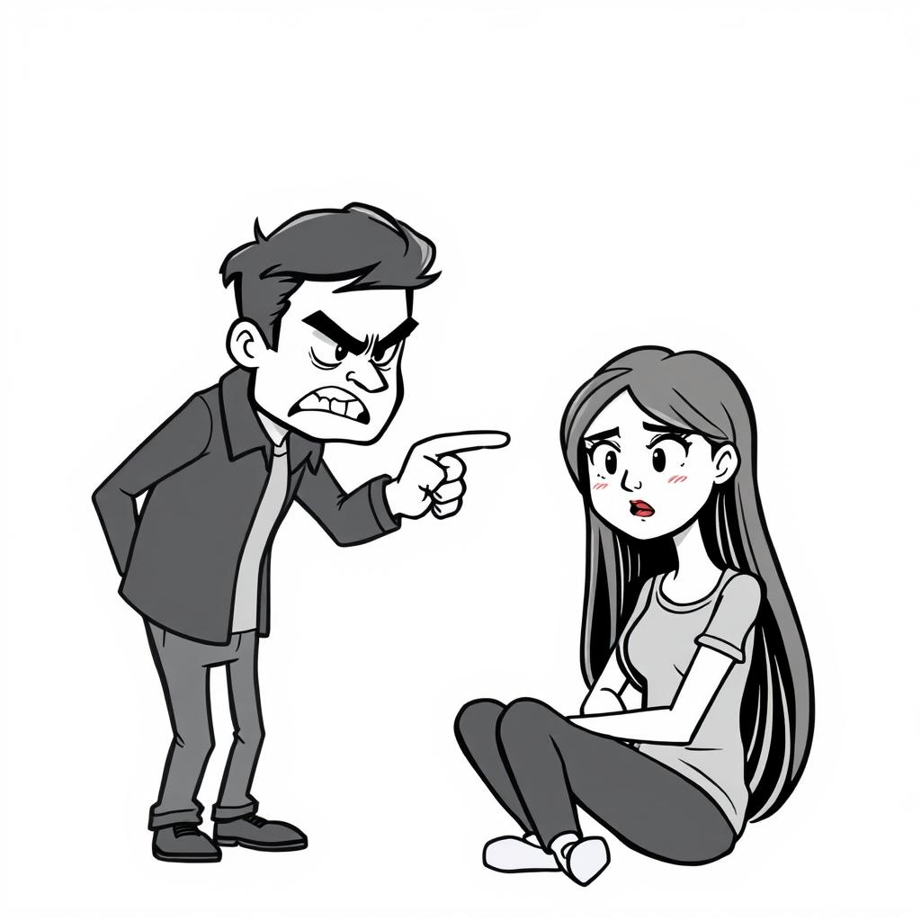 A cartoon-style illustration featuring a man with an angry expression, pointing his finger directly at the face of a young woman who is sitting down