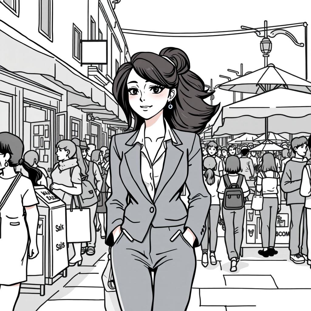A young and beautiful woman wearing a grey suit walking on a crowded sidewalk filled with people and sales stalls, featuring awnings and umbrellas