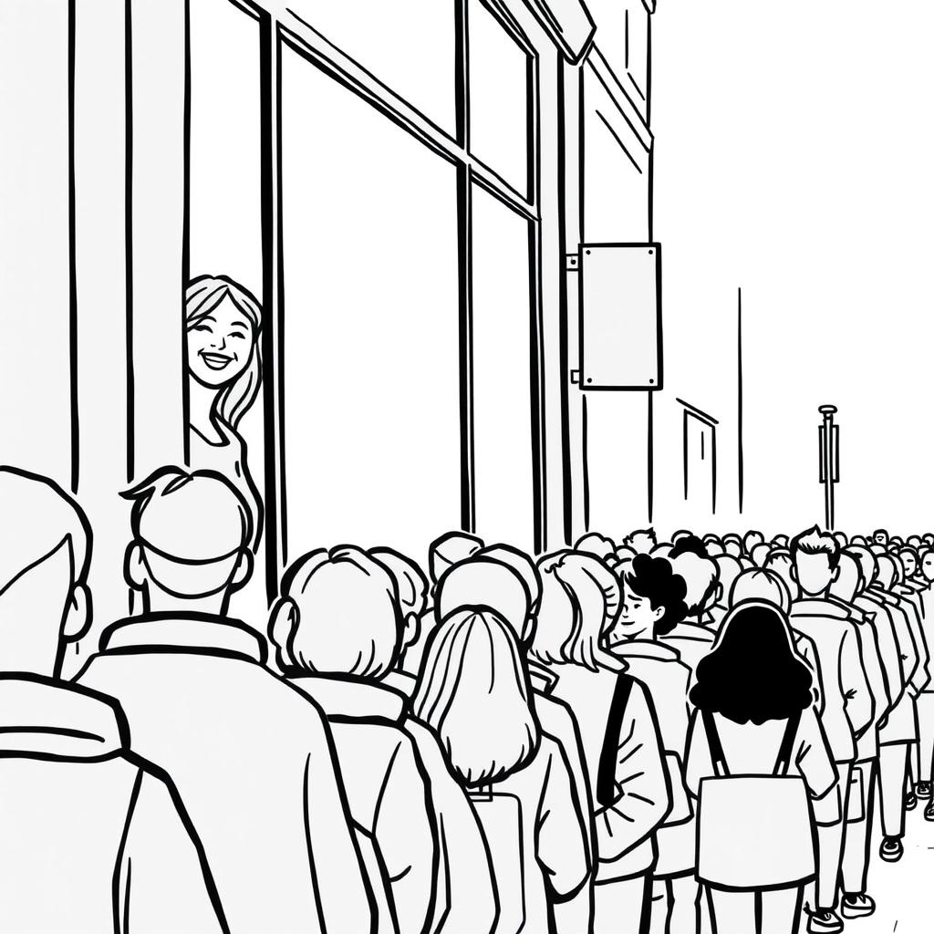 A long line of people on the street eager to enter a store, with a young woman smiling brightly from the display window