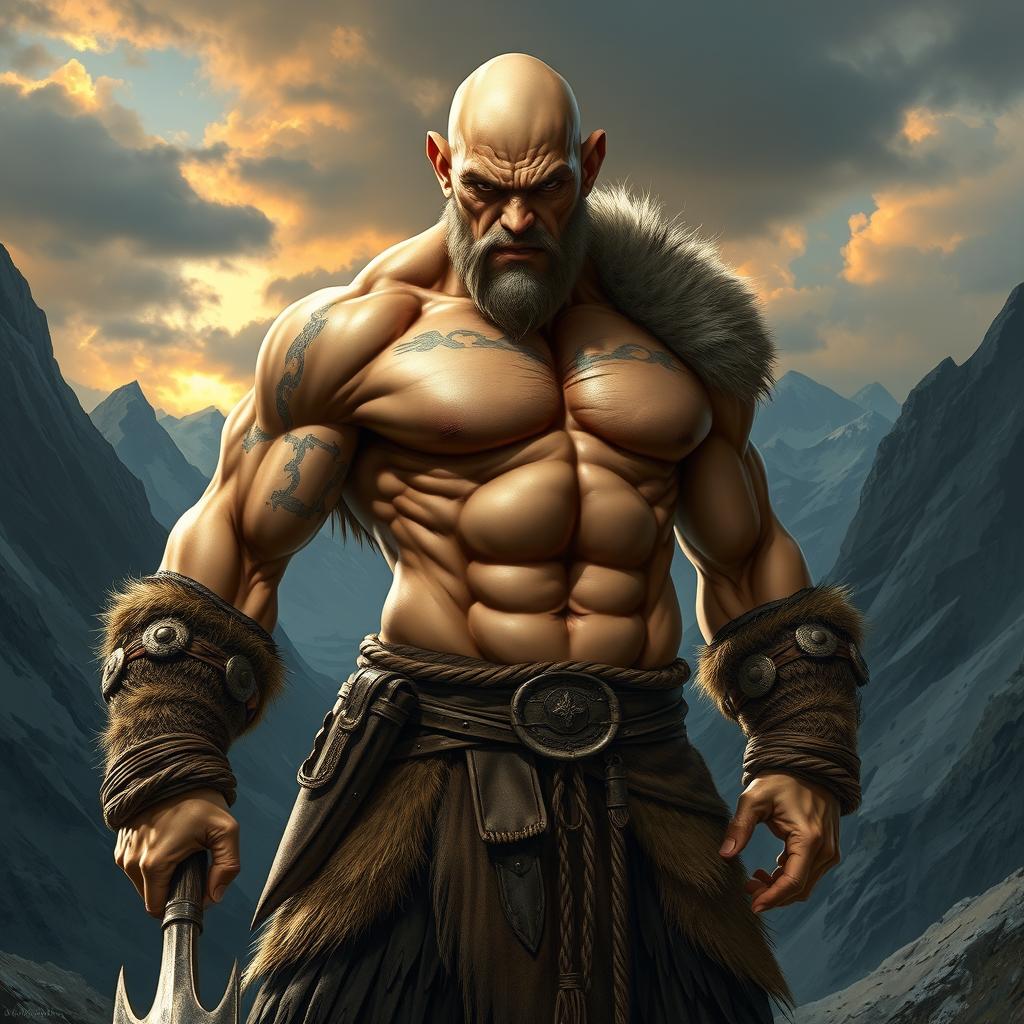 A fierce male human barbarian with a muscular build, showcasing a hairless body