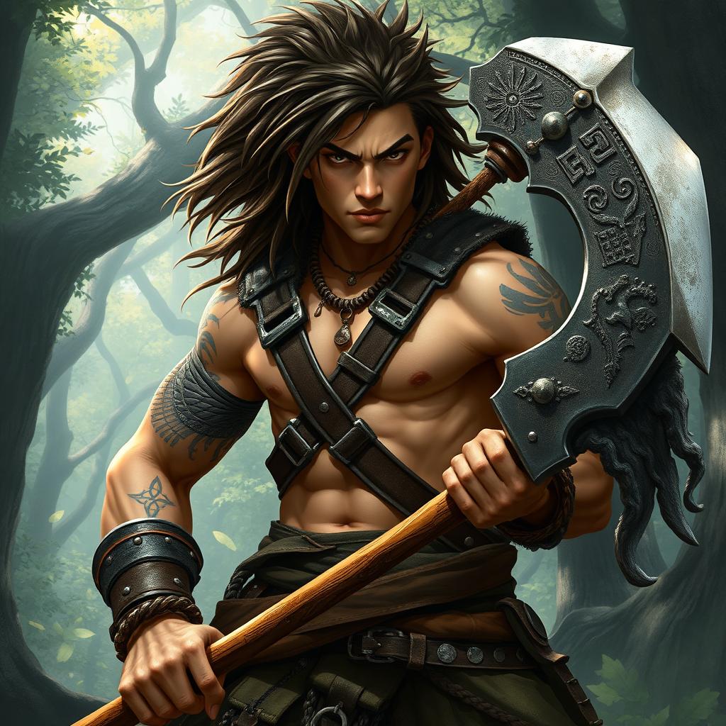 A young male human barbarian character, showcasing a muscular physique, wearing rugged leather armor and adorned with tribal tattoos