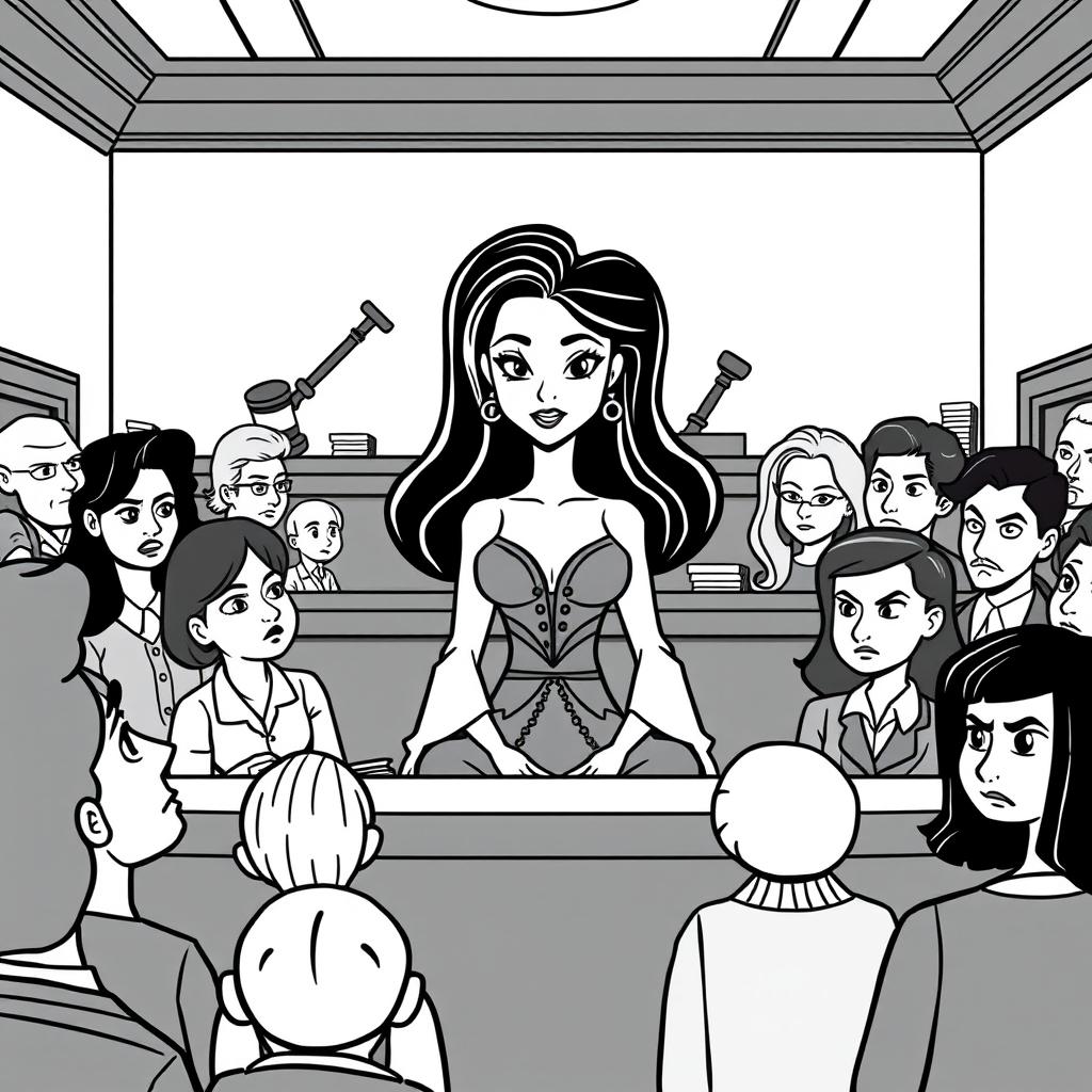 A courtroom scene depicting a beautiful woman on trial, surrounded by a jury and an audience who are condemning her