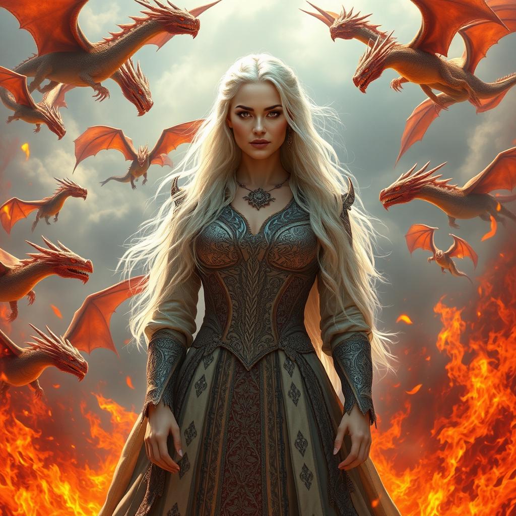 A powerful and majestic woman with long silver hair, standing confidently amidst a backdrop of fiery dragon flames