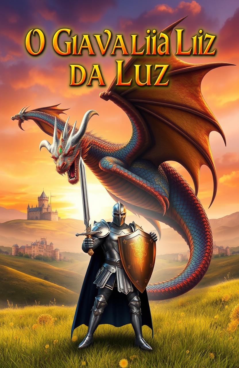 An adventurous fantasy book cover featuring a brave knight in shining armor standing courageously in front of a majestic dragon