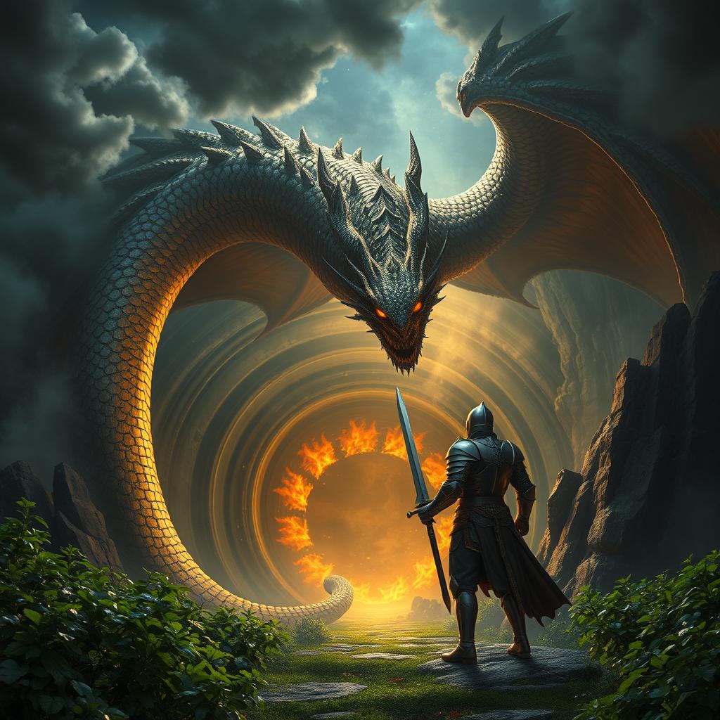 In a mystical feudal landscape, a brave knight stands resolute before a colossal dragon, its scales shimmering with iridescent colors