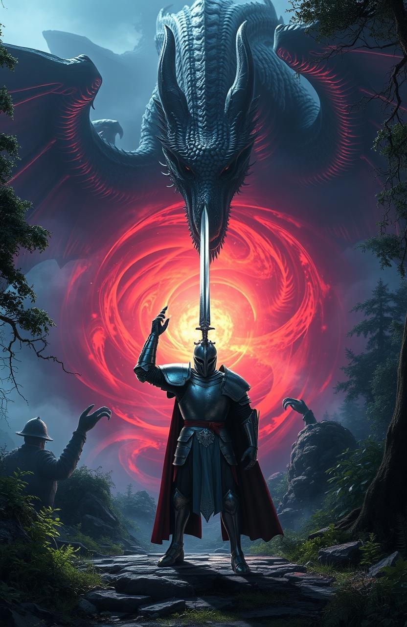 A dramatic scene set in a lush medieval feudal landscape, featuring a courageous knight in shining armor standing bravely in front of a massive, ancient dragon