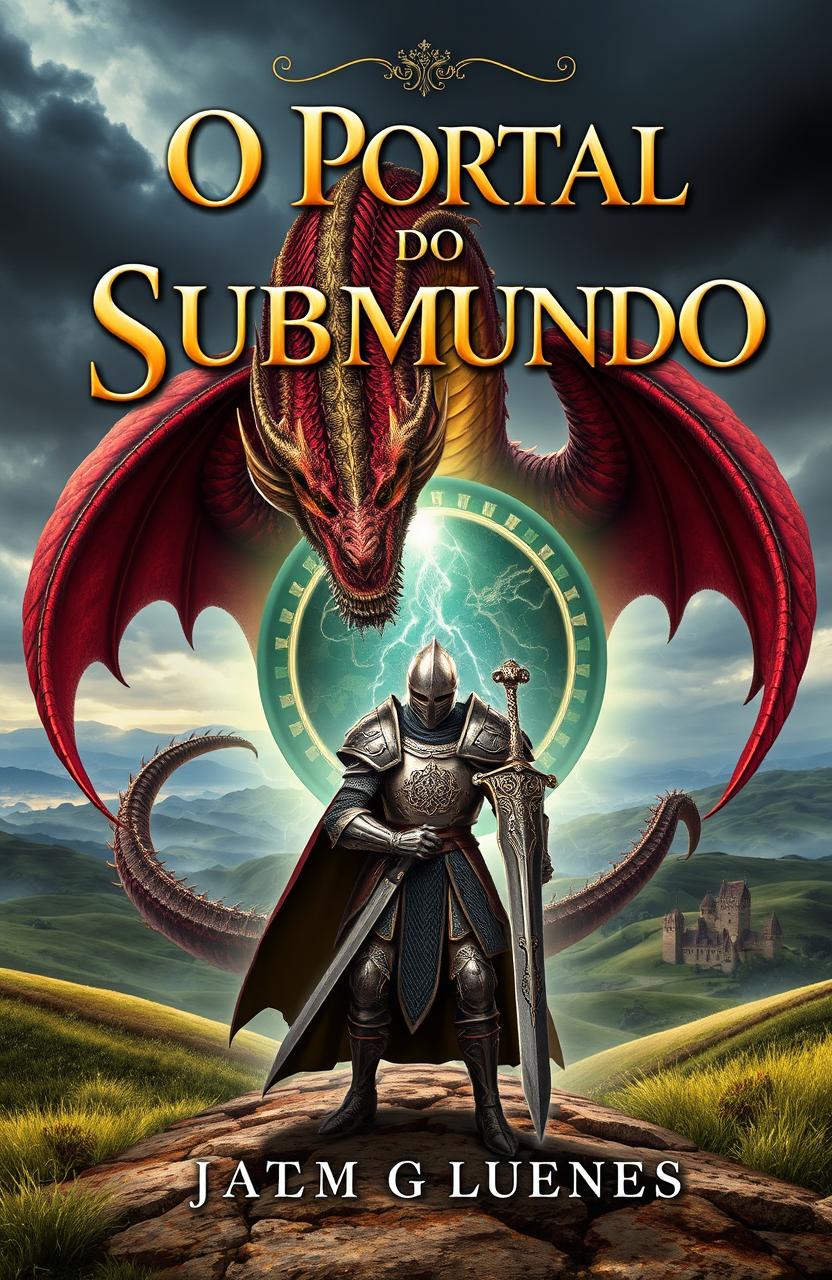 A captivating book cover for 'O Portal do Submundo', depicting a brave knight standing confidently in front of a massive, menacing dragon