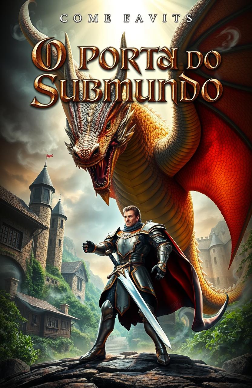 A captivating book cover design for 'O Portal do Submundo', featuring a valiant knight standing heroically in front of a majestic dragon