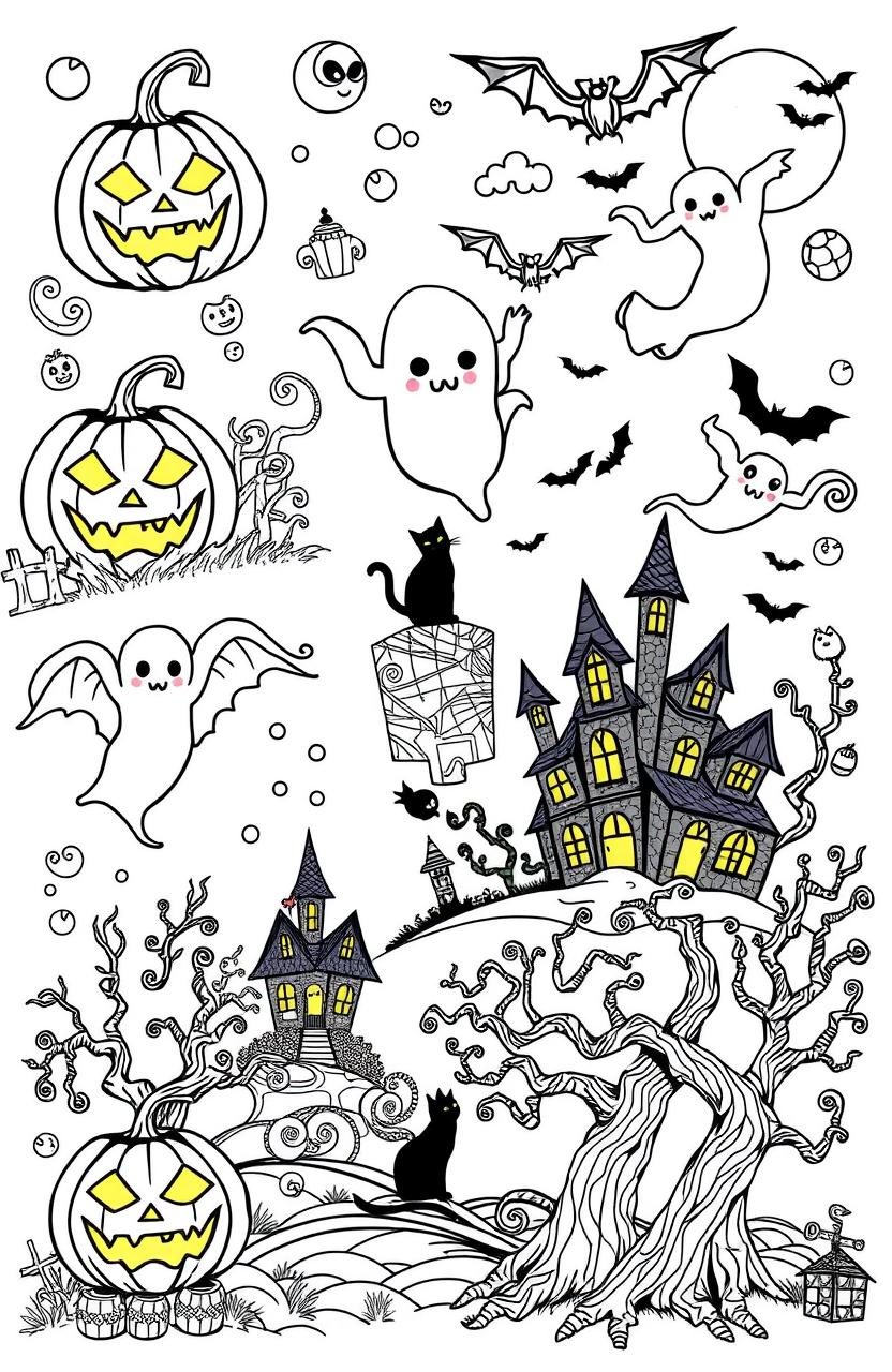 A collection of intricate and whimsical Halloween-themed coloring pages featuring various elements such as jack-o'-lanterns with glowing faces, spooky ghosts floating around, black cats with arched backs, haunted houses on a hill, and twisted trees with bats flying overhead