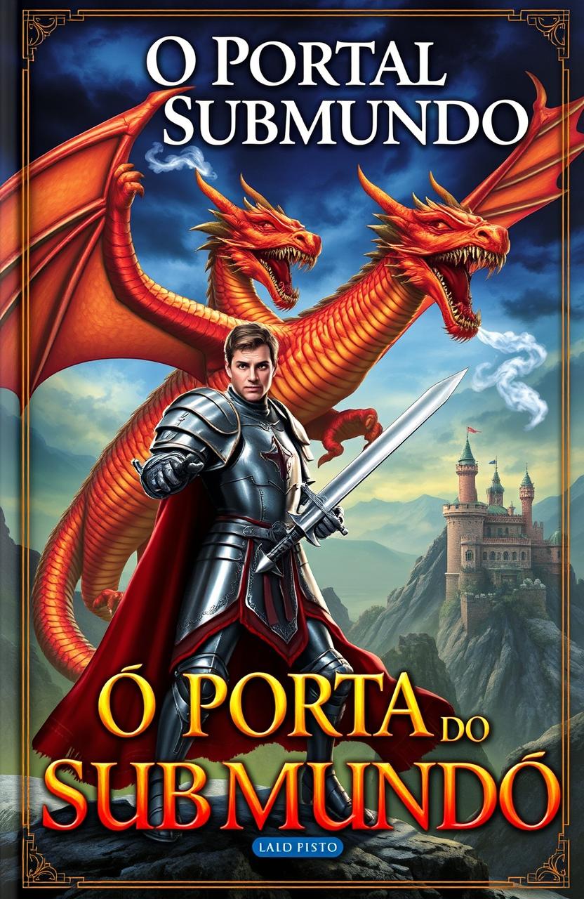 A dramatic book cover for 'O Portal do Submundo', featuring a noble knight in shining armor standing valiantly in front of a fierce dragon