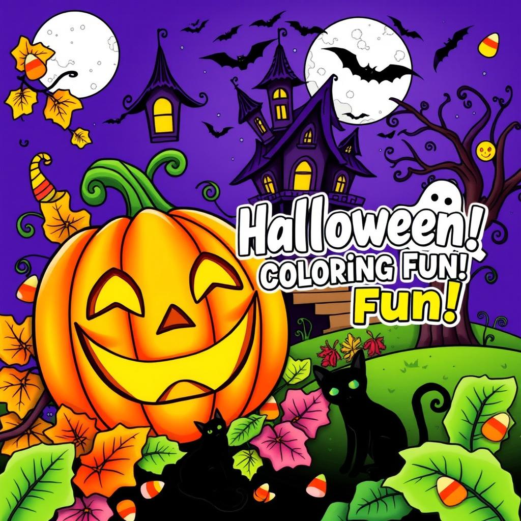A vibrant and captivating Halloween-themed coloring book cover featuring a playful scene