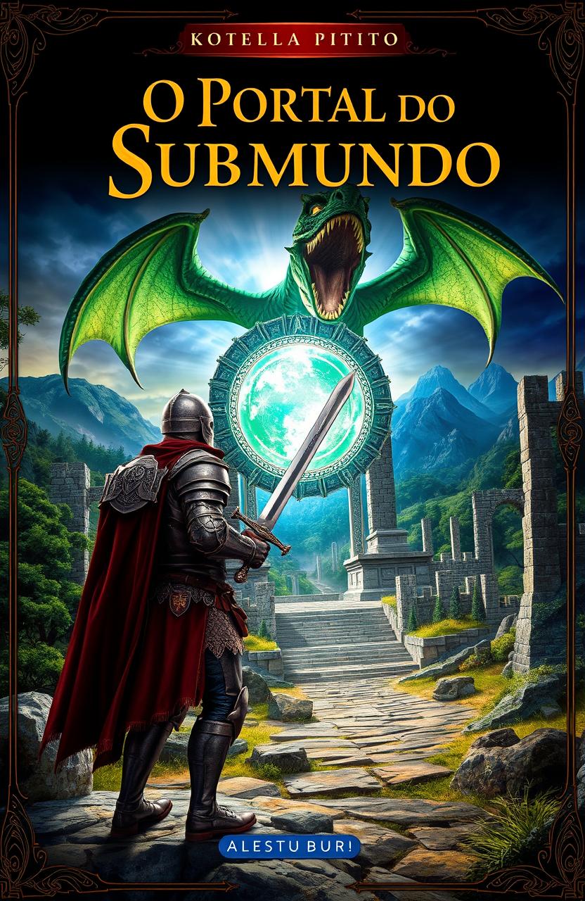 A captivating book cover for 'O Portal do Submundo', set in a feudal landscape