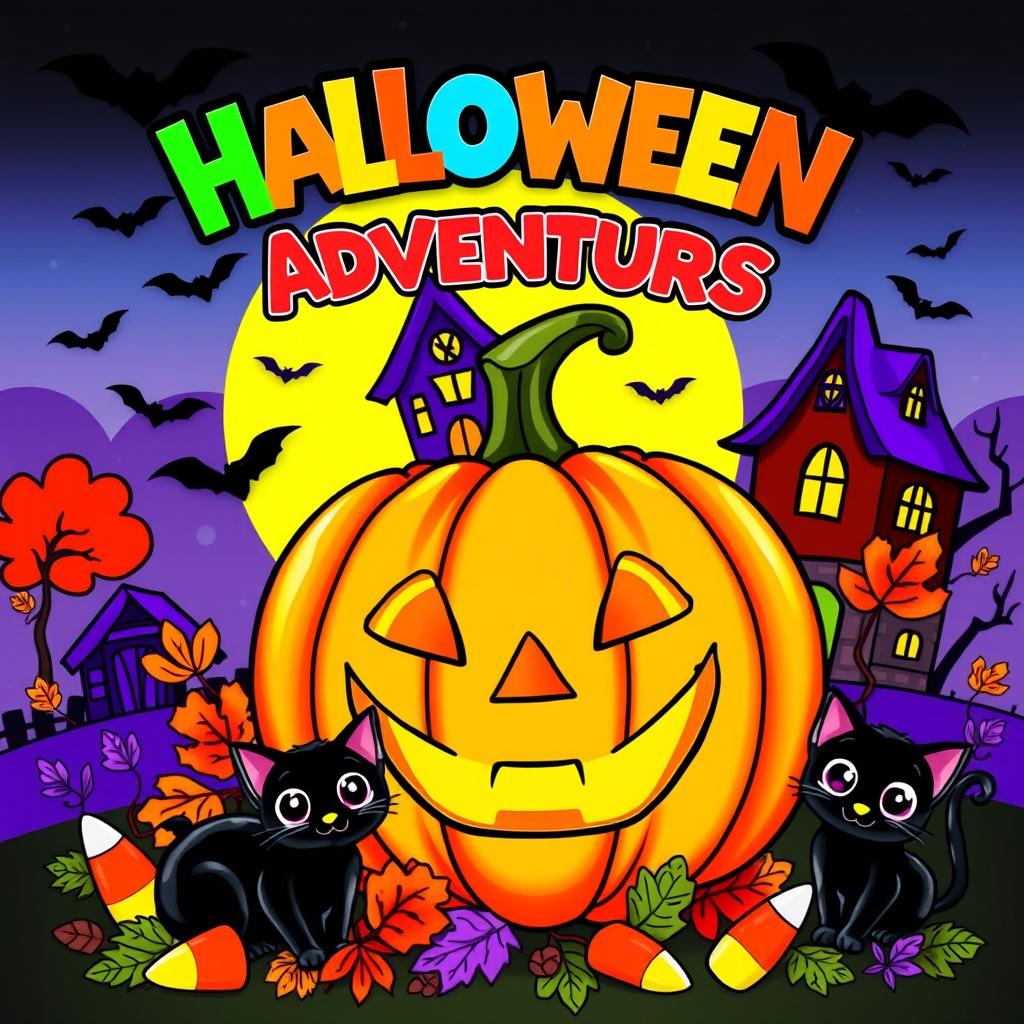 A lively Halloween-themed coloring book cover featuring a cheerful, grinning jack-o'-lantern in the center, carved with expressive facial features