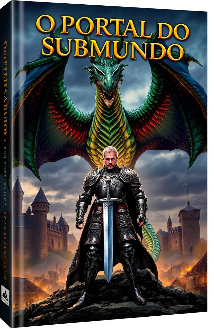 A captivating book cover for 'O Portal do Submundo', featuring a brave knight standing resolutely in front of a massive, ominous dragon