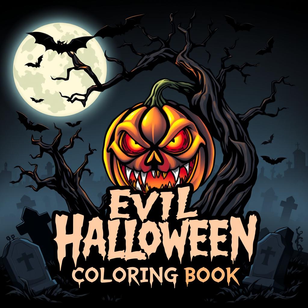 A haunting Halloween-themed coloring book cover featuring a dark and sinister design