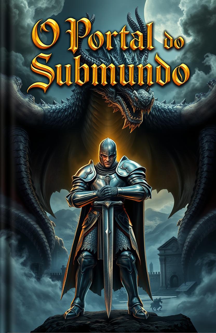 A captivating book cover for 'O Portal do Submundo', featuring a heroic knight in shining armor standing boldly in front of a massive, menacing dragon